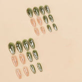 VIBEFICANT GLAZE Nude & Green Medium Almond Bohemian Gold & Pearl Press on Nails